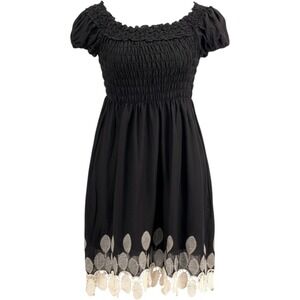 Vtg Max Edition Smocked Dress Womens L Floral Embroidery Hem Milkmaid Peasant